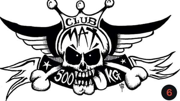 Black and white logo of a skull wearing a crown with crossed bones. CLUB MAX 500 KG is written on the logo. 